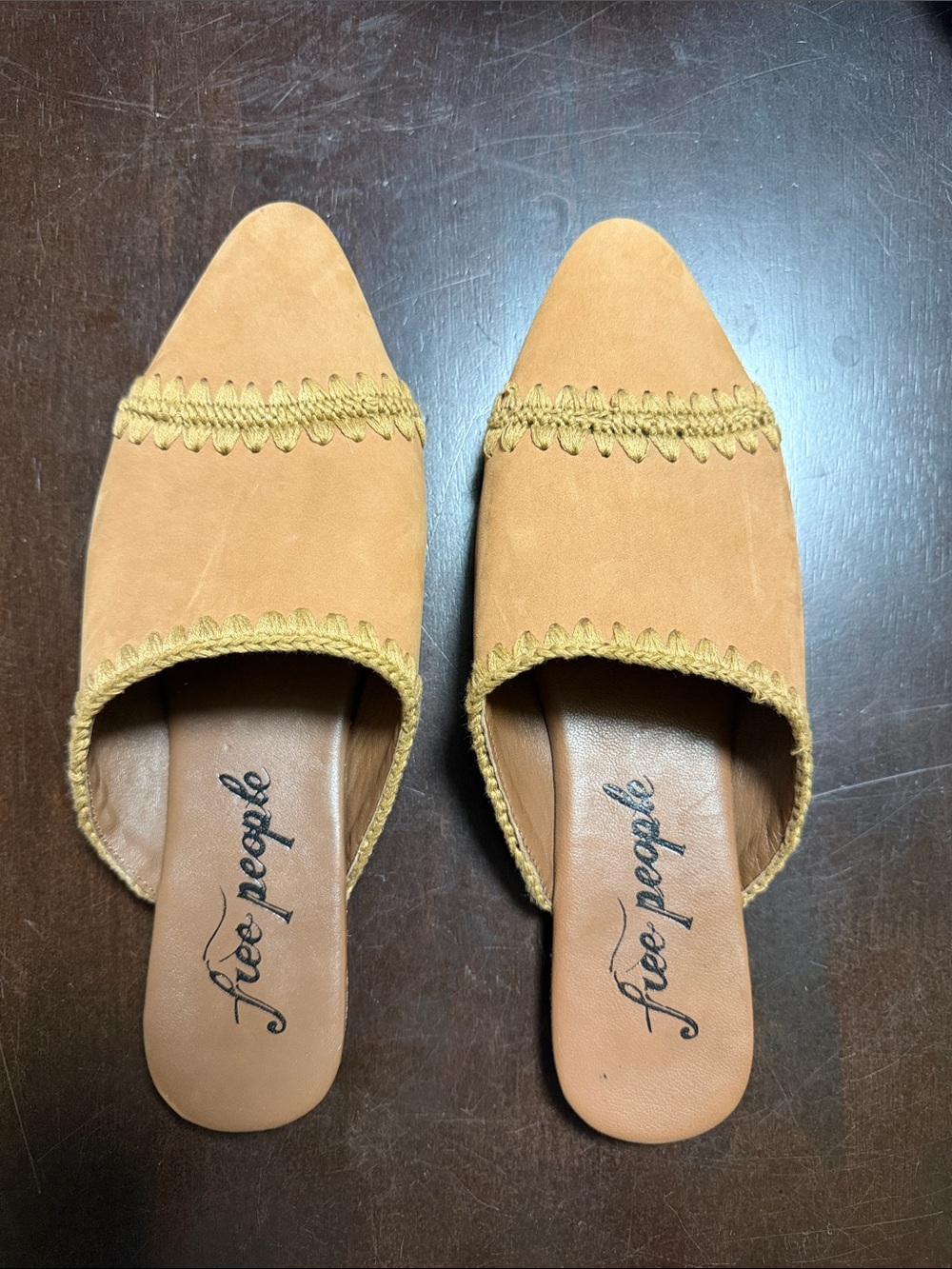 Free People Tan Suede Embroidered Slip-On Mules